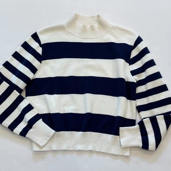 J. Crew Cotton Navy Blue/Ivory Rugby Stripe Mock Neck Long Sleeve Sweater, M - Picture 8 of 12